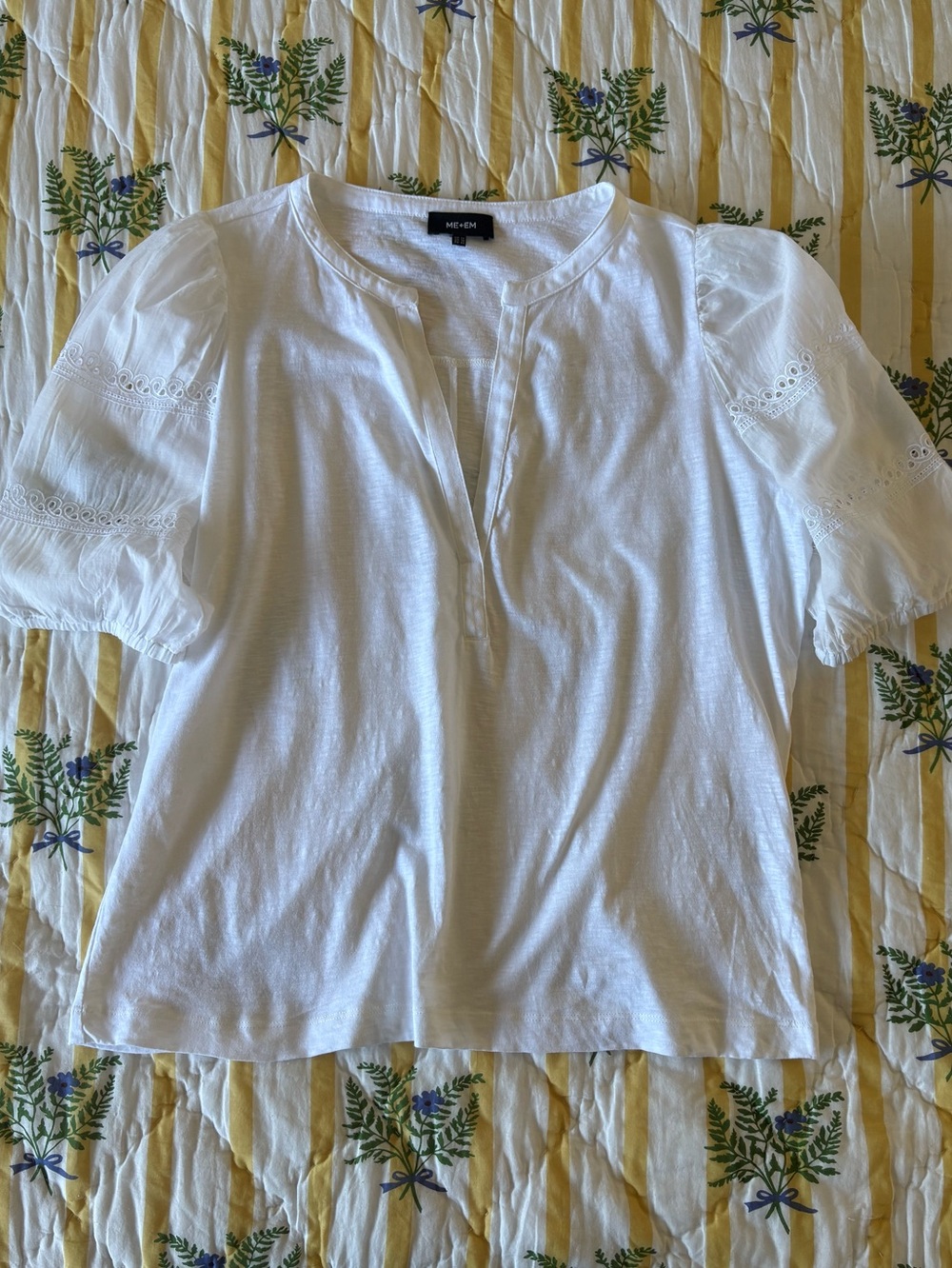 ME+EM White Cotton Eyelet Puff-Sleeve Top